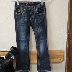 Girls Dark Blue Flare Jeans with Decorative Stitching